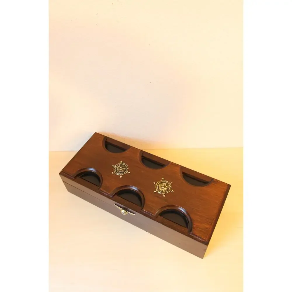 Vintage Nautical Wood Valet Jewelry Box Brass Ship Wheel Inlay Red Felt Lining